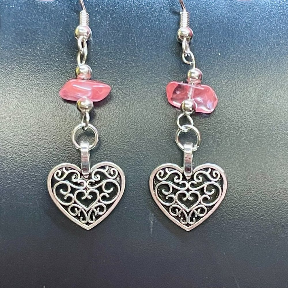 Silver Colored Filigree Heart Shaped Earrings with Pink Stones. Brand New!